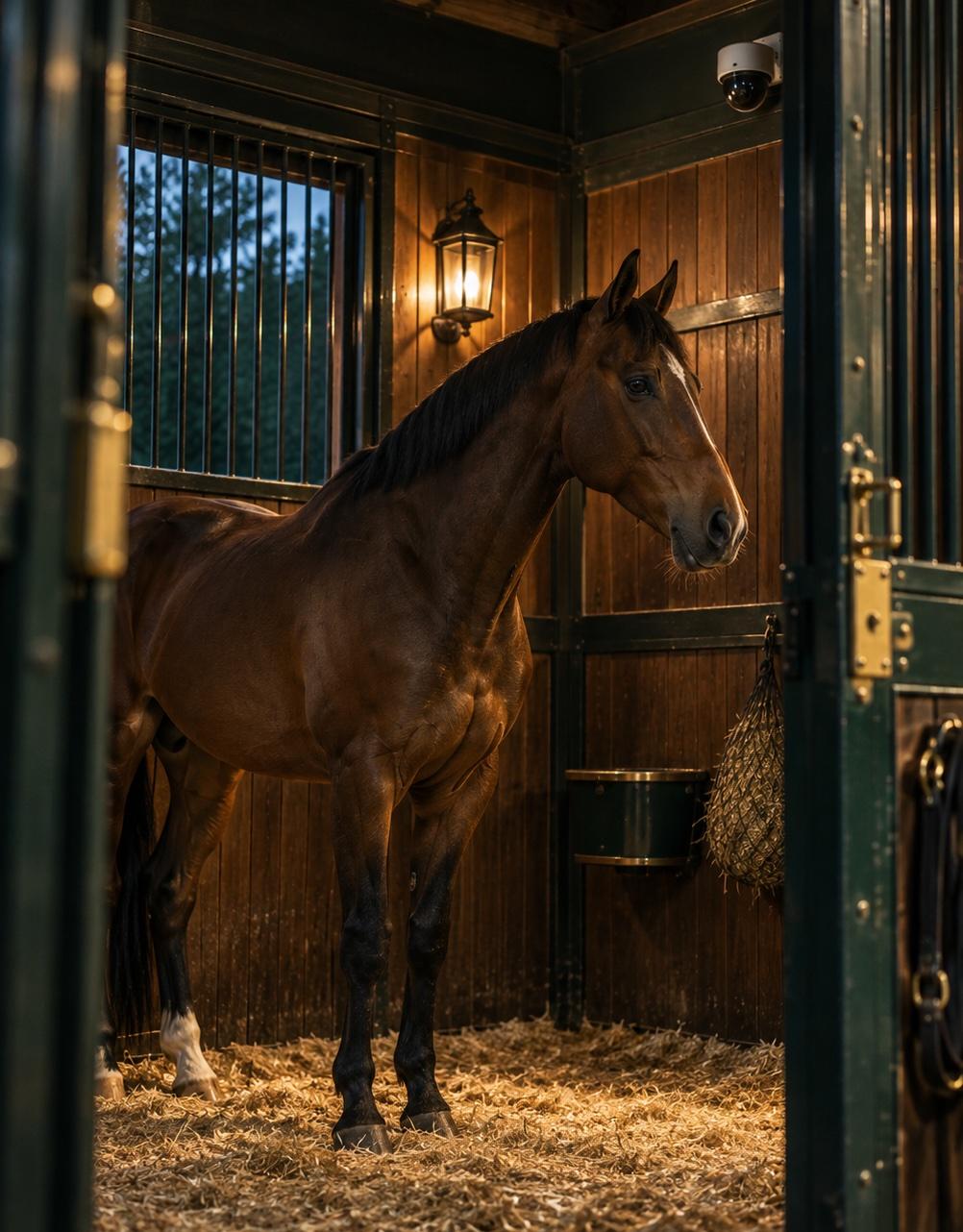 Cavalo baio na baia, sob a luz da lanterna, com câmera de monitoramento no alto