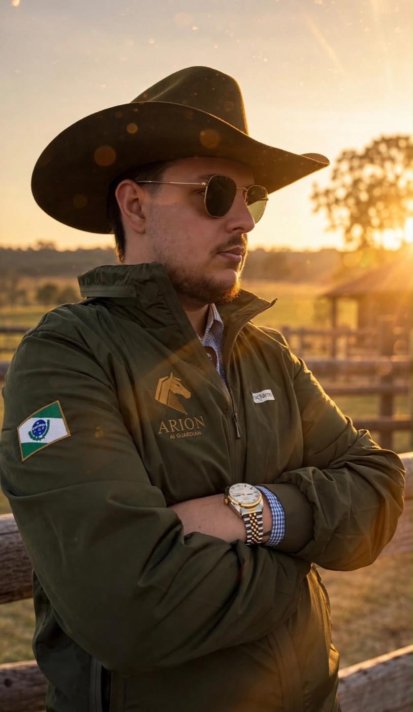 Guilherme, fundador da Arion, de chapéu e jaqueta com a marca Arion, junto à cerca de um haras ao entardecer